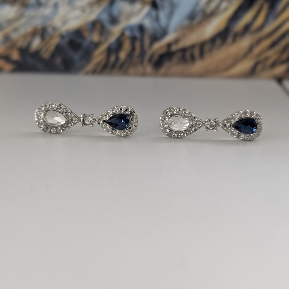 Blue and Clear Crystal Teardrop Earrings